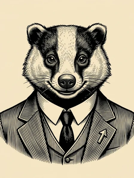 B. Adger: an engraved ink portrait of a badger in an immaculate pinstripe three-piece suit, smiling sincerely, an upward-arrow pin on the lapel.