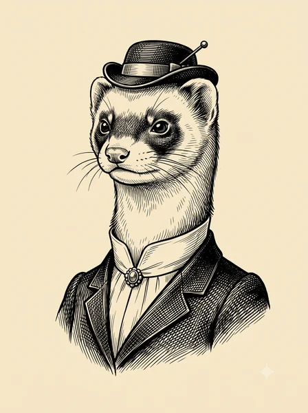 F. Erret: an engraved ink portrait of a ferret in period dress — a flat-crowned hat, a brooch at the throat, a notched jacket over a high collar — the animal's dark bandit mask across the eyes, her expression composed and unreadable.