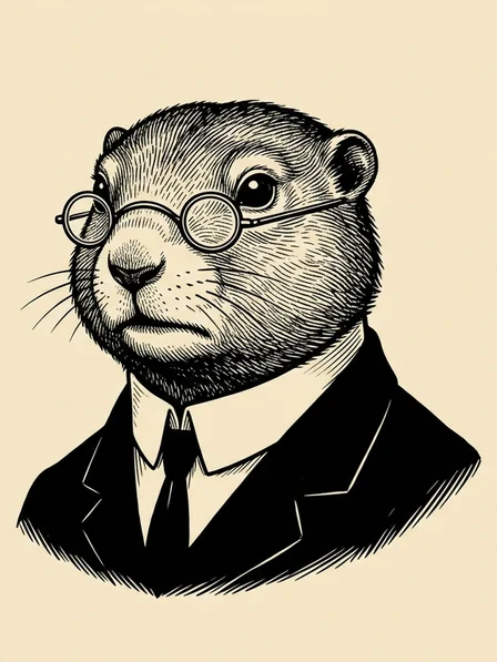 G. Opher: an engraved ink portrait of a jowled gopher in small round spectacles, a shirt, a dark tie and a jacket, with the weary half-lidded eyes of middle management.