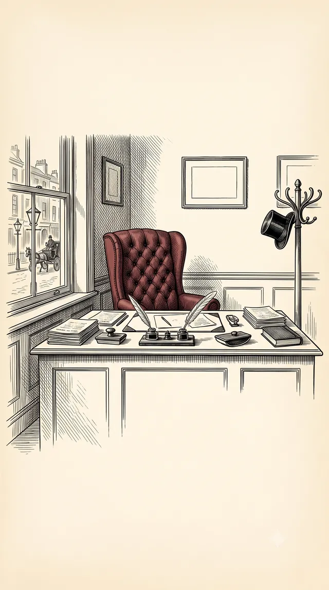 An engraved ink drawing of a Victorian corner office: a large window, a desk of papers, and a single oxblood-red leather chair — the one spot of colour.