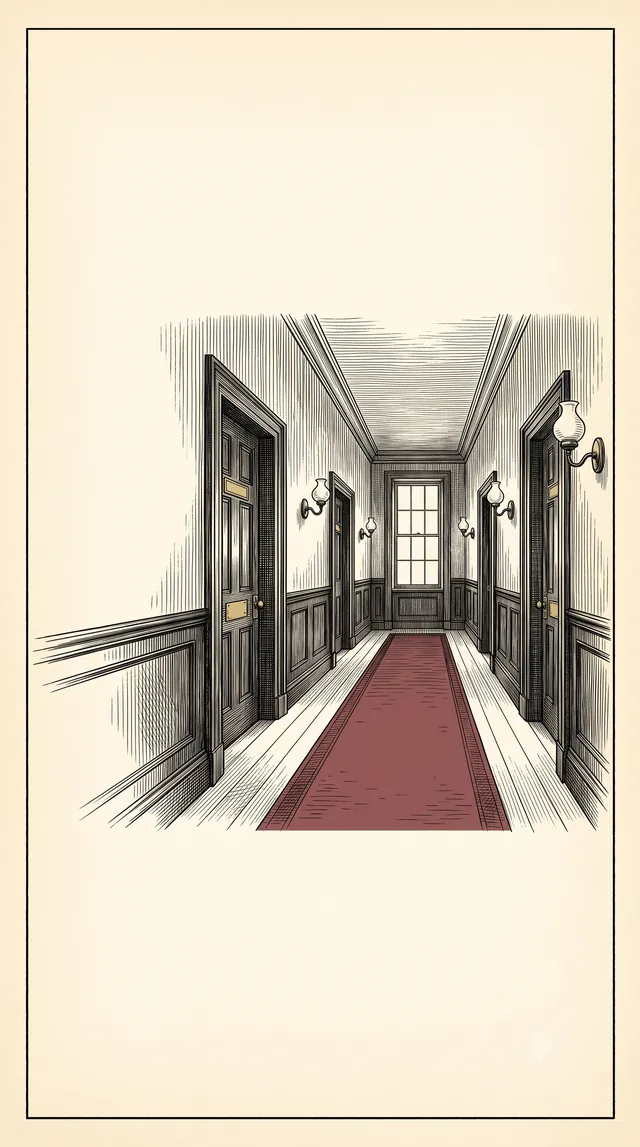 An engraved ink drawing of a panelled back corridor with a long oxblood-red runner carpet leading toward a distant window.