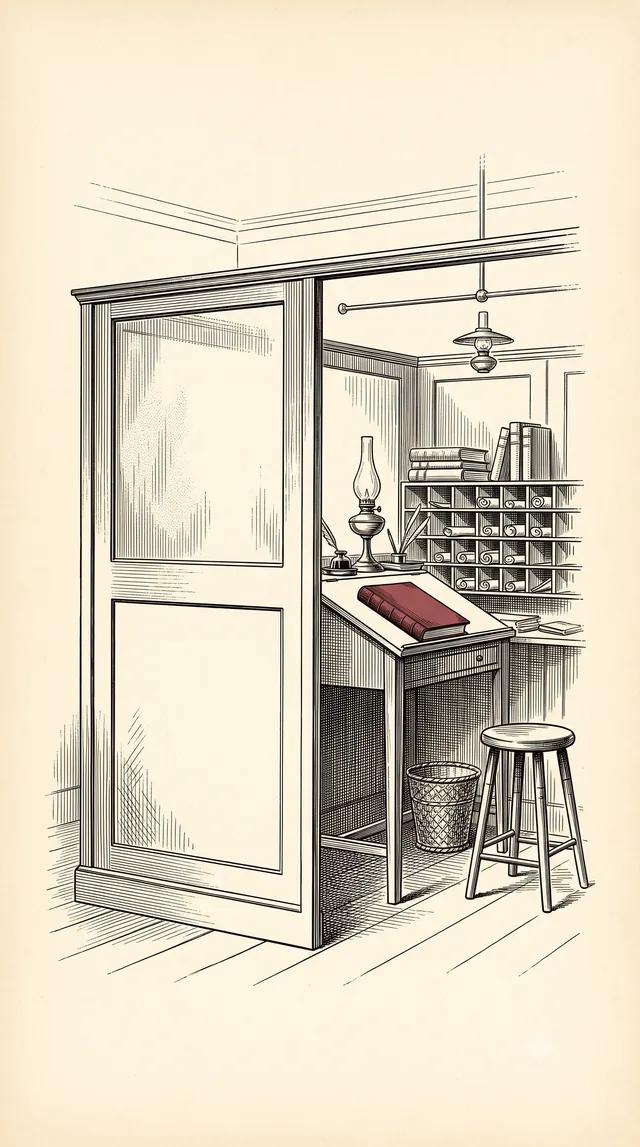 An engraved ink drawing of a clerk's cubicle: a slanted writing desk with a red ledger, pigeonhole shelves, a stool, and a hanging lamp.