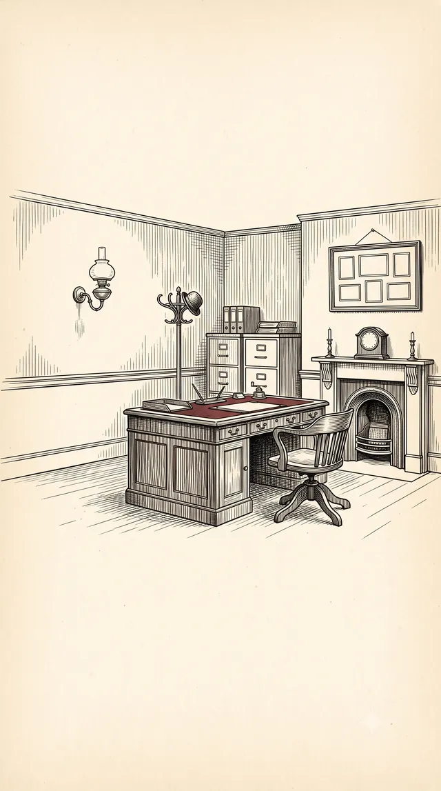 An engraved ink drawing of a windowless interior office with a fireplace, a mantel clock, and a red ledger on the desk as the single spot of colour.