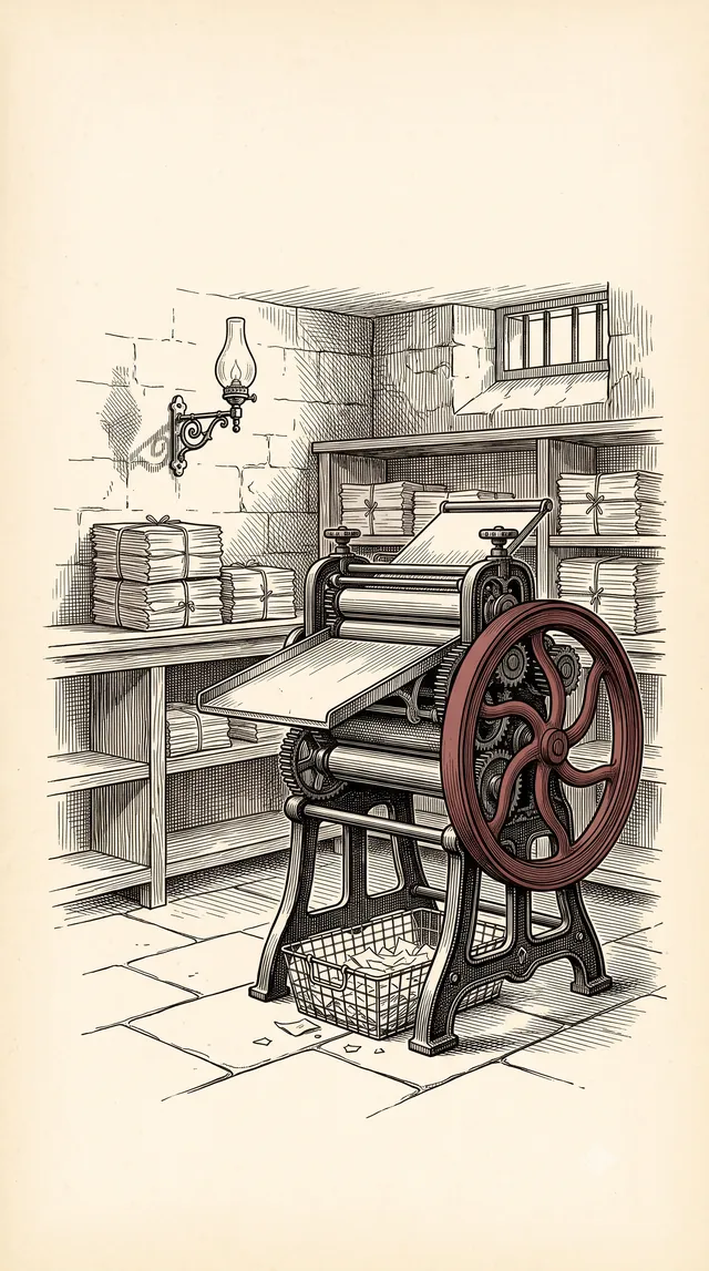 An engraved ink drawing of a stone basement room housing a mangle-like machine with a large oxblood-red flywheel, shelves of paper bundles, and a gas lamp.