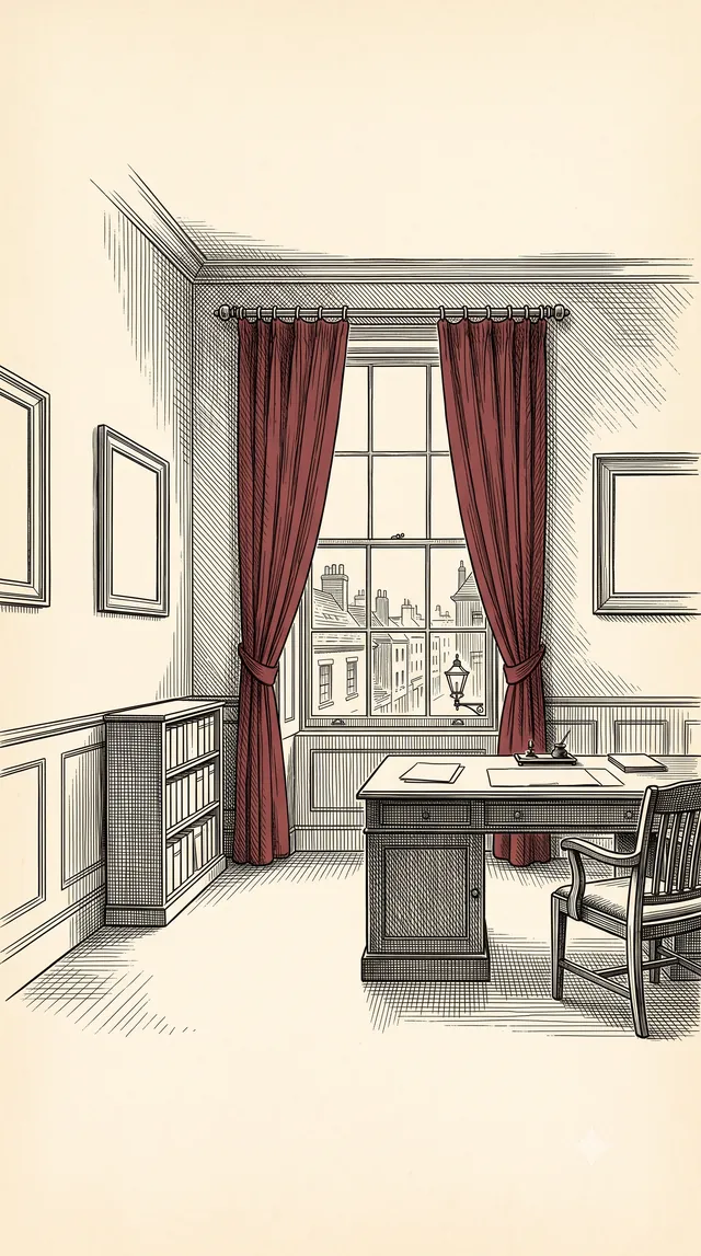 An engraved ink drawing of an office with heavy oxblood-red velvet curtains framing a tall window that looks onto Fall Street.