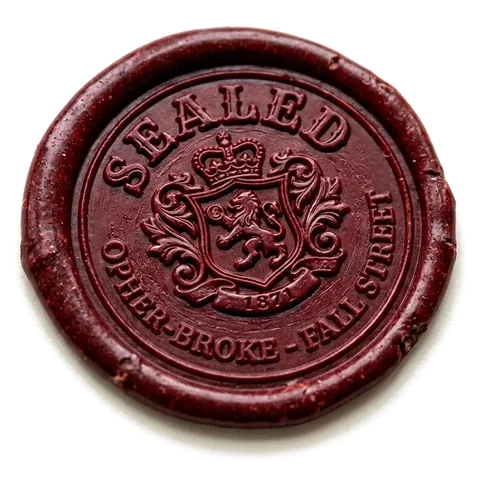The Company seal in oxblood wax: a crown above a rampant lion on a shield, ringed by the words SEALED · OPHER-BROKE · FALL STREET · 1871.